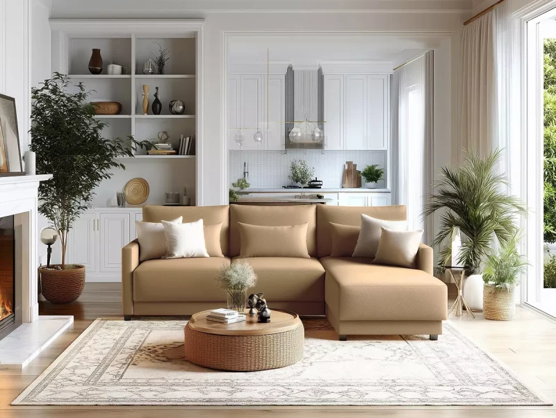 Narożnik z funkcją spania Silvano z dwoma pojemnikami – elegancka aranżacja salonu