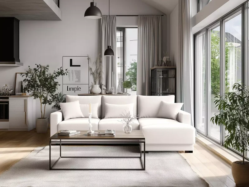 Narożnik Roberto z funkcją spania i dwoma pojemnikami – jasna, elegancka przestrzeń dzienna