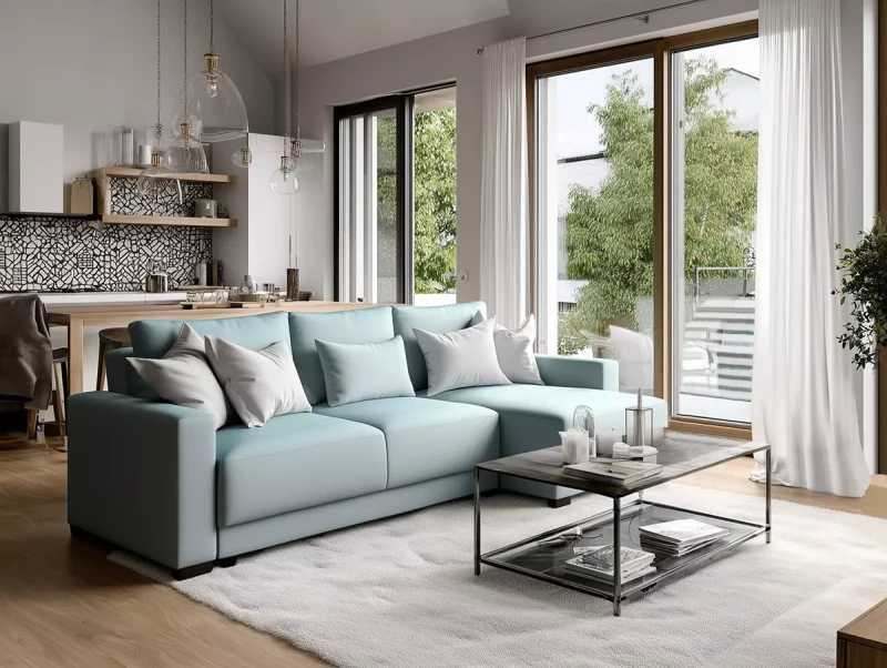 Narożnik z funkcją spania Roberto z dwoma pojemnikami – nowoczesna aranżacja salonu