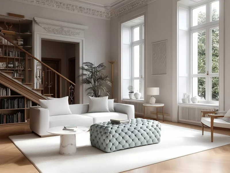 Pufa Dio – elegancka aranżacja salonu w stylu nowoczesnej klasyki