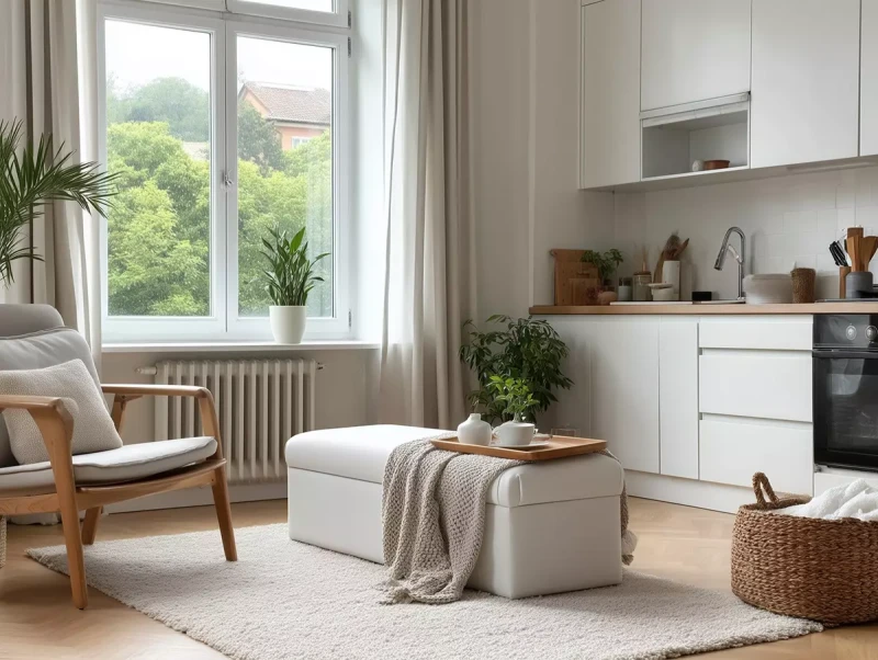 Pufa z pojemnikiem Veronica w salonie z aneksem kuchennym w stylu skandynawskim