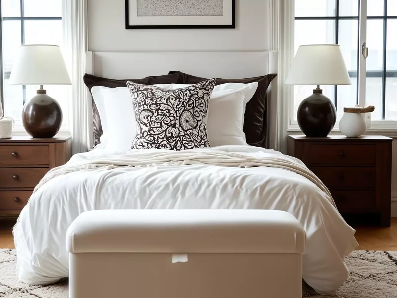 Pufa z pojemnikiem Veronica w jasnej sypialni, ustawiona u stóp łóżka