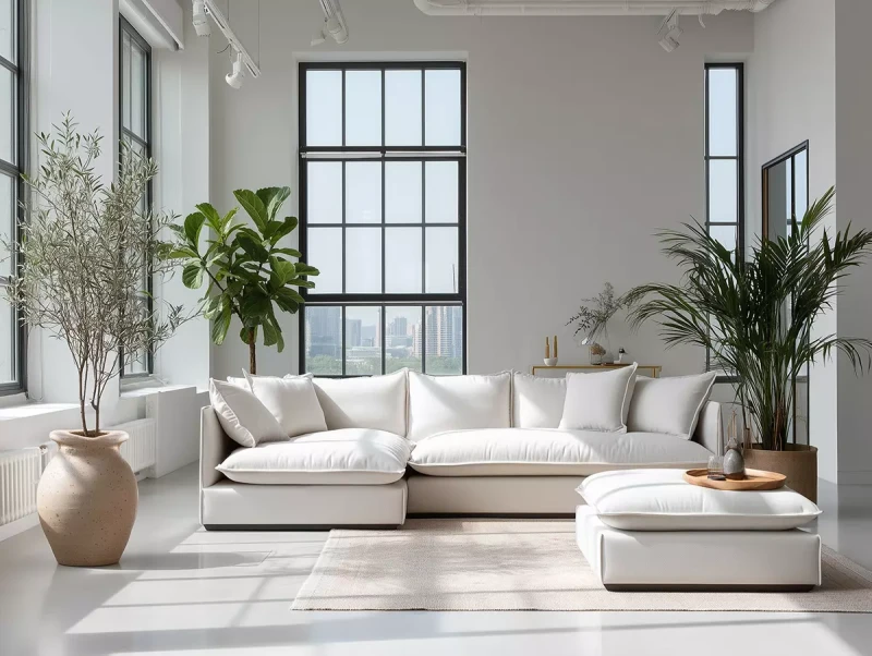 Pufa Andrea z drewnianą bazą w nowoczesnym salonie