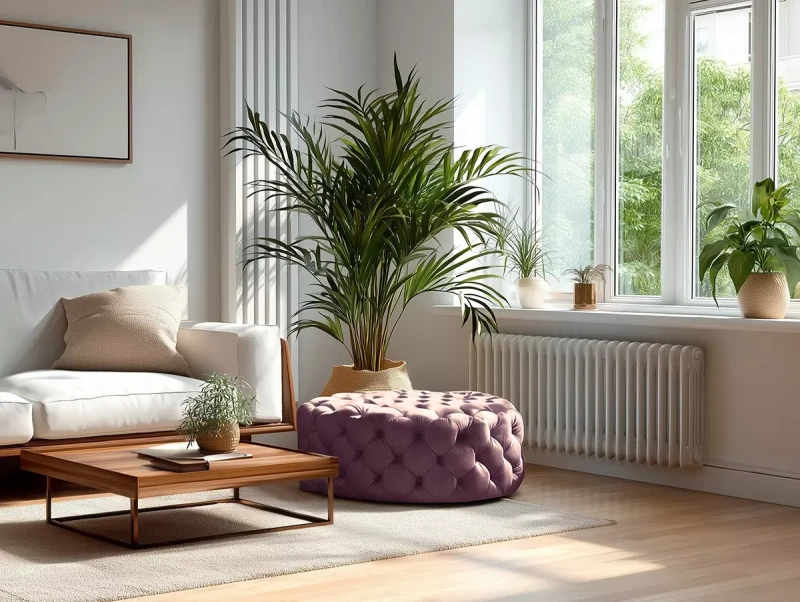 Pufa Casia z pikowaniem – okrągła pufa tapicerowana w nowoczesnym salonie