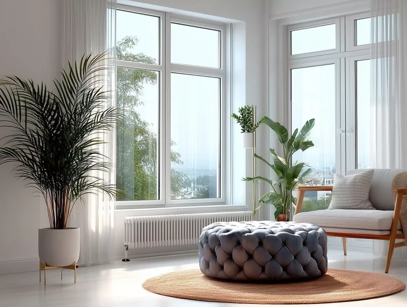 Pufa Casia w aranżacji przy oknie – dekoracyjna pufa z ozdobnym pikowaniem