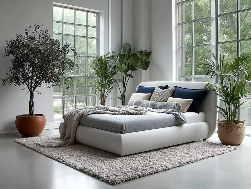 Łóżko ze zdejmowanym pokrowcem Oliviero w minimalistycznym wnętrzu